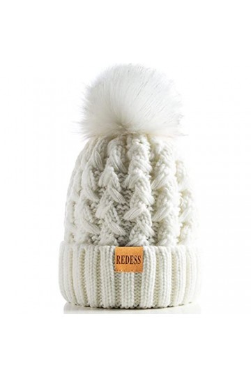 REDESS Femmes Hiver Pompon Bonnet Chapeau Polaire Doublé Chaud Chapeaux, Épais Slouchy Neige Tricot Bonnet Croisé pour Dames