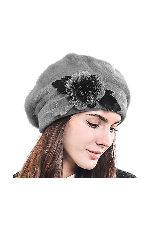 HISSHE Femmes Français Béret Chic Bonnet Hiver Chapeaux, Noir et gris, M