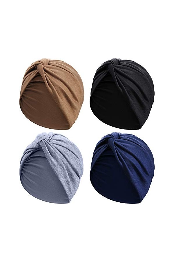 4 Pièces Turbans pour Femmes Doux Turban Plissé Noué à la Mode Bonnet Headwrap Turban Chapeau de Sommeil, 4 Couleurs Noir, K