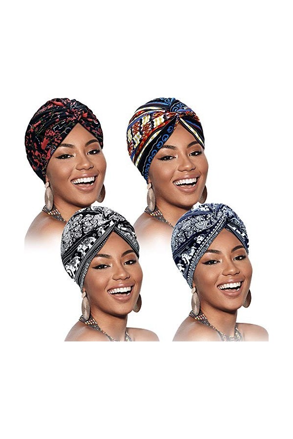 4 Pièces Turbans pour Femmes Doux Turban Plissé Noué à la Mode Bonnet Headwrap Turban Chapeau de Sommeil, 4 Couleurs Noir, K