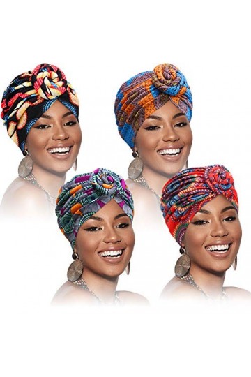 4 Pièces Bandeau à Motif Africain Bonnet Pré-Attaché Bonnet Turban Nœud
