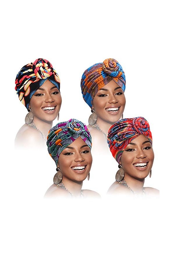 4 Pièces Bandeau à Motif Africain Bonnet Pré-Attaché Bonnet Turban Nœud