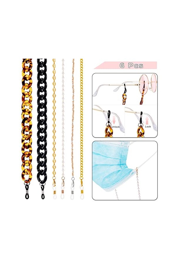Hifot 6 Pièces Cordon Lunettes Femme, Élégant Chaînes de Lunettes Sangle de retenue de lunettes de Lecture, Cordon de lunette
