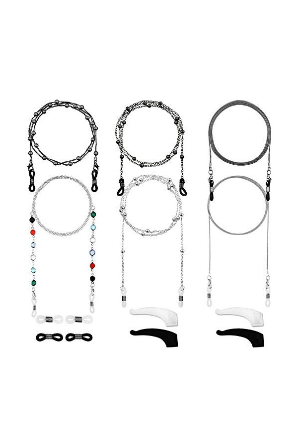 6 Pièces Chaînes de Lunettes Élégant Retenue de Lunettes Perles Support de Sangle de Lunettes Noir, Argenté 