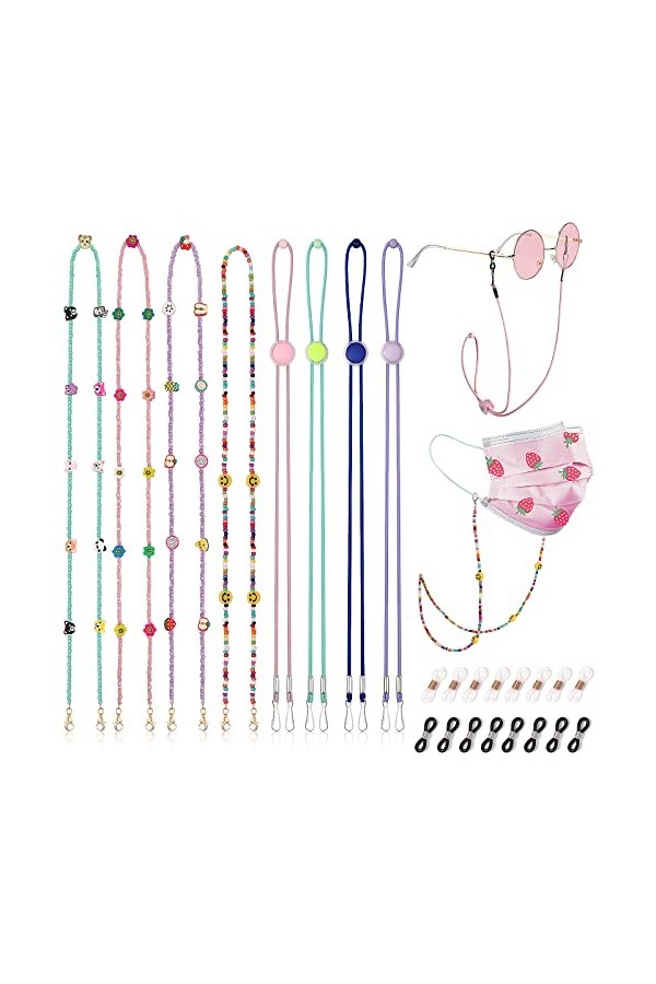 Hifot 8 Pièces Cordons à Lunettes Enfants, Multicolore Perles Chaine Lunettes Réglable Universel Masque Chaîne pour Femmes Ho