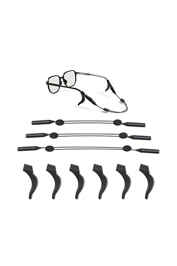 TOYMIS 3pcs&nbsp;Sangle de Lunettes en Silicone&nbsp;avec 3 Paires de Crochets dOreille,&nbsp;Cordon Lunettes Reglable pour Lunettes de Sol