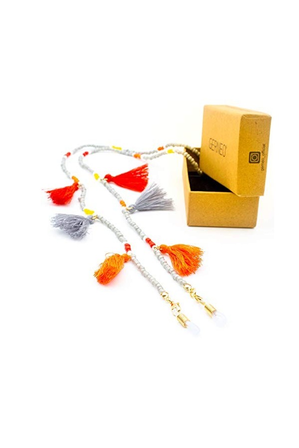 GERNEO® - Ibiza - Chaîne de lunettes perle - argenté ou plaqué or - drapeaux dans les tons gris et orange, jaune