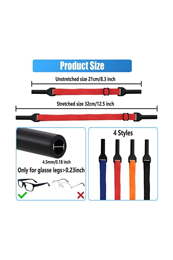 ZORRA Lot de 4 sangles de lunettes réglables universelles pour lunettes de soleil autour du cou pour hommes, femmes, enfants 