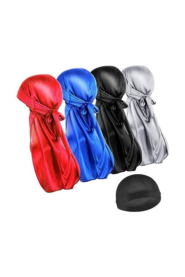 WLLHYF Bonnet de pirate en soie Durag à longue queue respirante pour 360 vagues bandana doux turban perte de cheveux chimio, 