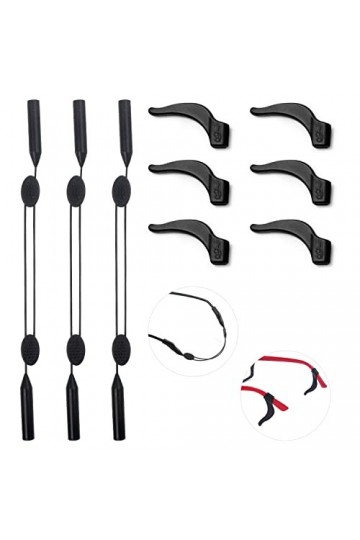 CHSEROK Sangle de Lunettes Réglable, 3 Pièces Noire Retenue de Lunettes Réglables Cordon, Cordons à Lunettes avec Crochets d