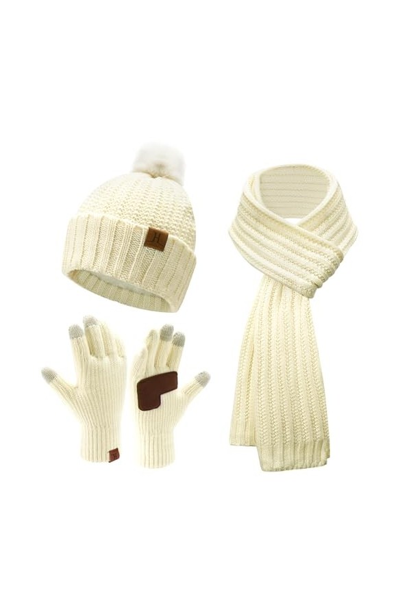 Femmes Hiver Chaud Bonnet Pompon Longue Echarpe Gants Tactiles Tricot Ensemble avec Doublure Polaire Cadeaux Noel Femme