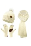 Femmes Hiver Chaud Bonnet Pompon Longue Echarpe Gants Tactiles Tricot Ensemble avec Doublure Polaire Cadeaux Noel Femme