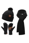 Femmes Hiver Chaud Bonnet Pompon Longue Echarpe Gants Tactiles Tricot Ensemble avec Doublure Polaire Cadeaux Noel Femme