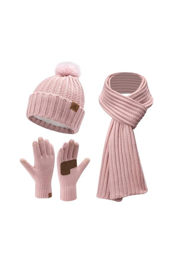 Femmes Hiver Chaud Bonnet Pompon Longue Echarpe Gants Tactiles Tricot Ensemble avec Doublure Polaire Cadeaux Noel Femme