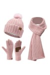 Femmes Hiver Chaud Bonnet Pompon Longue Echarpe Gants Tactiles Tricot Ensemble avec Doublure Polaire Cadeaux Noel Femme