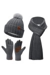 Femmes Hiver Chaud Bonnet Pompon Longue Echarpe Gants Tactiles Tricot Ensemble avec Doublure Polaire Cadeaux Noel Femme