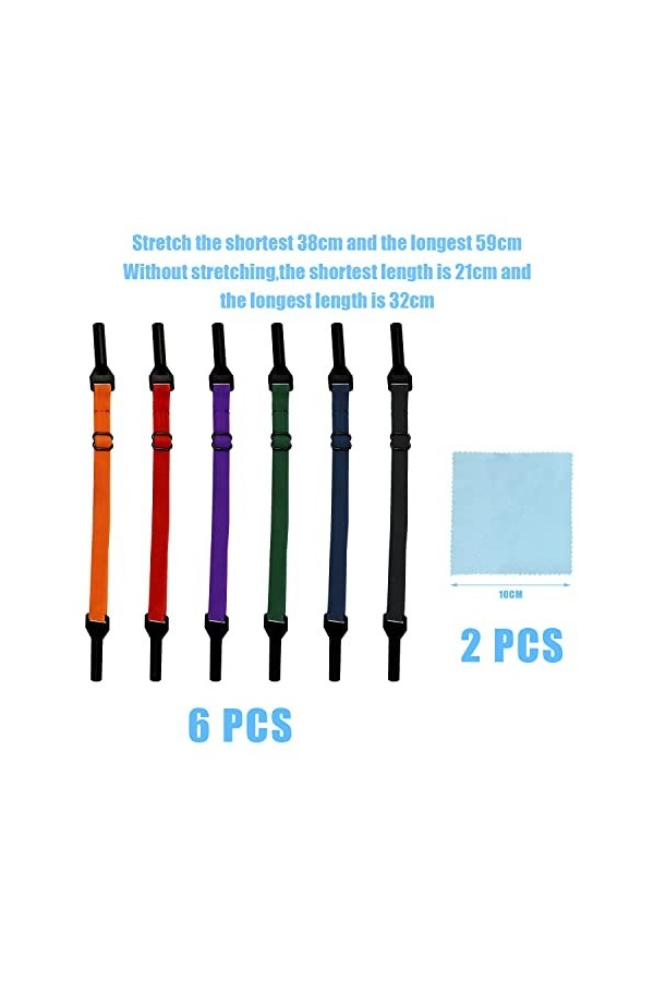 6 cordons élastiques pour lunettes avec 2 chiffons de nettoyage, sangles de lunettes réglables, sangles de lunettes antidérap