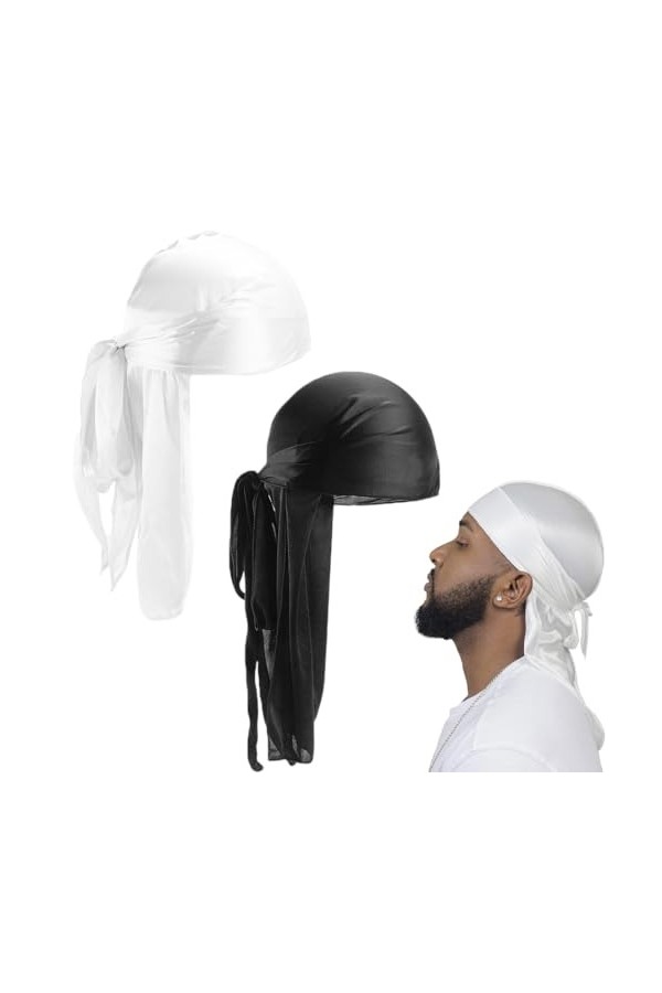 2 Pièces Turban Durag à Longue Queue Bonnets Ondulés en Soie Unisexe Bonnet Durag Soyeux avec Longue Queue Élastique Durags H