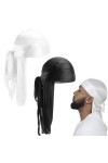 2 Pièces Turban Durag à Longue Queue Bonnets Ondulés en Soie Unisexe Bonnet Durag Soyeux avec Longue Queue Élastique Durags H