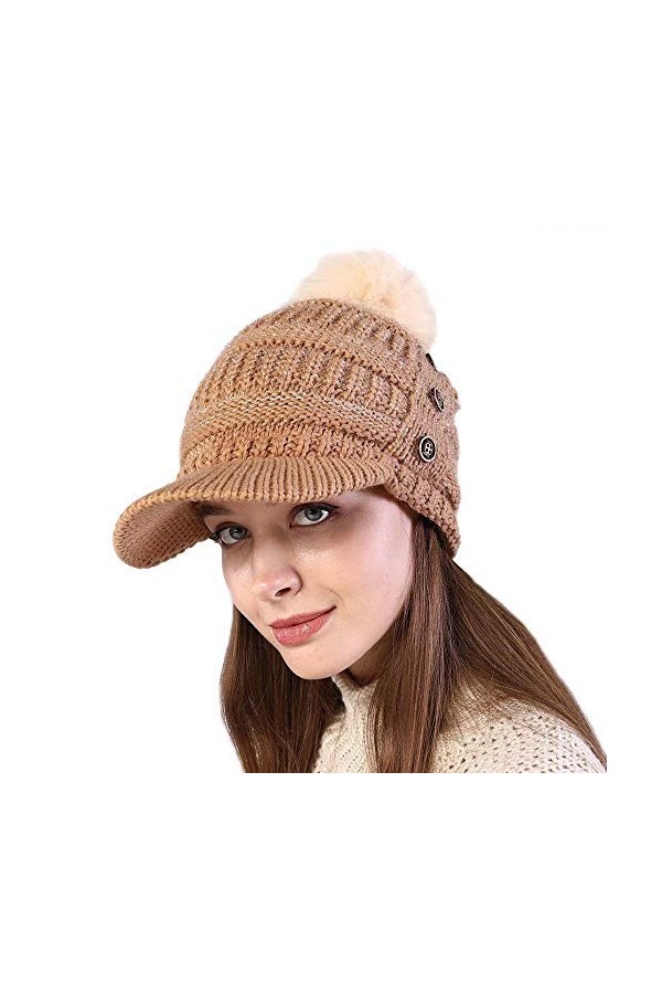 Kangqifen Bonnet dhiver en tricot avec doublure chaude et visière à pompon 3 boutons, Rose, taille unique