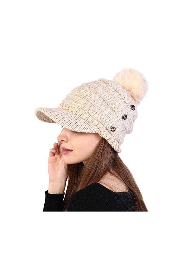Kangqifen Bonnet dhiver en tricot avec doublure chaude et visière à pompon 3 boutons, Rose, taille unique