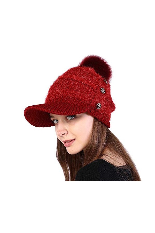 Kangqifen Bonnet dhiver en tricot avec doublure chaude et visière à pompon 3 boutons, Rose, taille unique