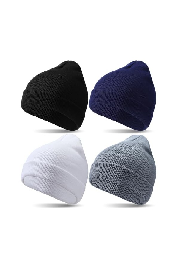 Sintege 4 Pcs Bonnets en Tricot Bonnet à Revers Chaud Casquette de Crâne dhiver Unisexe Noir, Gris Clair, Blanc, Bleu Marin