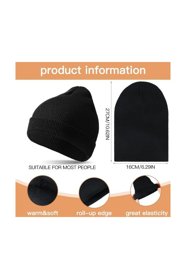 Sintege 4 Pcs Bonnets en Tricot Bonnet à Revers Chaud Casquette de Crâne dhiver Unisexe Noir, Gris Clair, Blanc, Bleu Marin