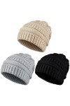 Sintege 3 Pcs Bonnets Souples Tricotés Chapeau dhiver Épais et Chaud Bonnet Torsadé Doux Doublé de Polaire, 3 Couleurs