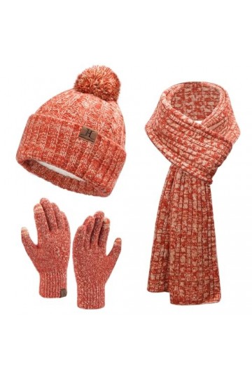 Femme Hiver Chaud Bonnet Chapeau Gants Tactiles Longue Echarpe Ensemble Tricot Torsadé avec Doublure Polaire Casquette Skull 
