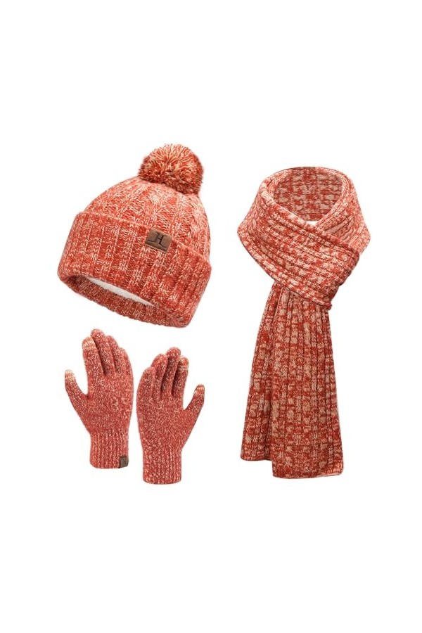 Femme Hiver Chaud Bonnet Chapeau Gants Tactiles Longue Echarpe Ensemble Tricot Torsadé avec Doublure Polaire Casquette Skull 