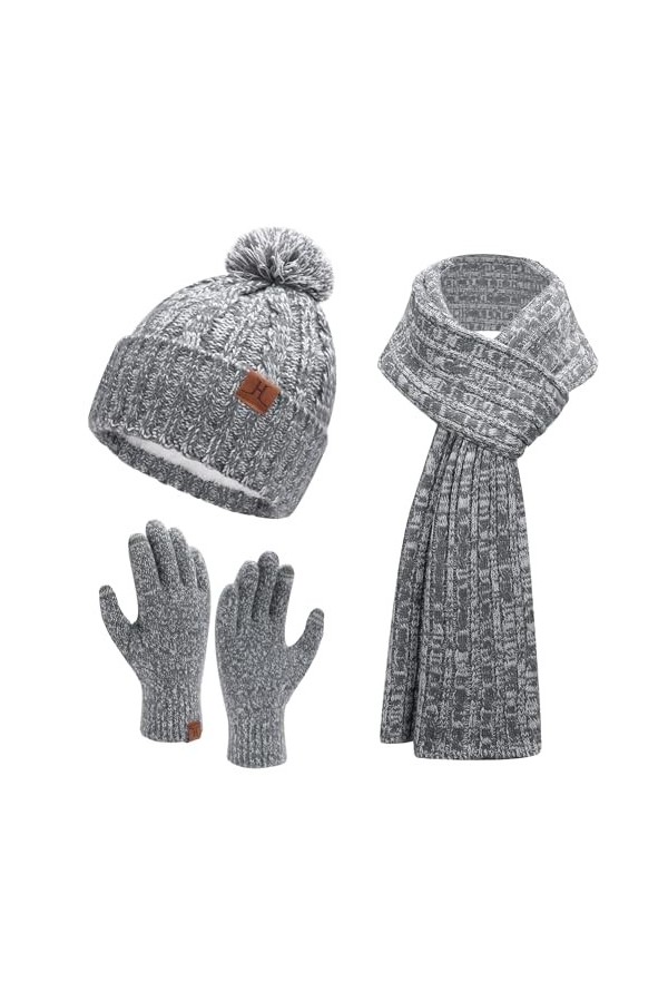 Femme Hiver Chaud Bonnet Chapeau Gants Tactiles Longue Echarpe Ensemble Tricot Torsadé avec Doublure Polaire Casquette Skull 