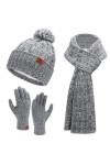 Femme Hiver Chaud Bonnet Chapeau Gants Tactiles Longue Echarpe Ensemble Tricot Torsadé avec Doublure Polaire Casquette Skull 