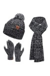Femme Hiver Chaud Bonnet Chapeau Gants Tactiles Longue Echarpe Ensemble Tricot Torsadé avec Doublure Polaire Casquette Skull 