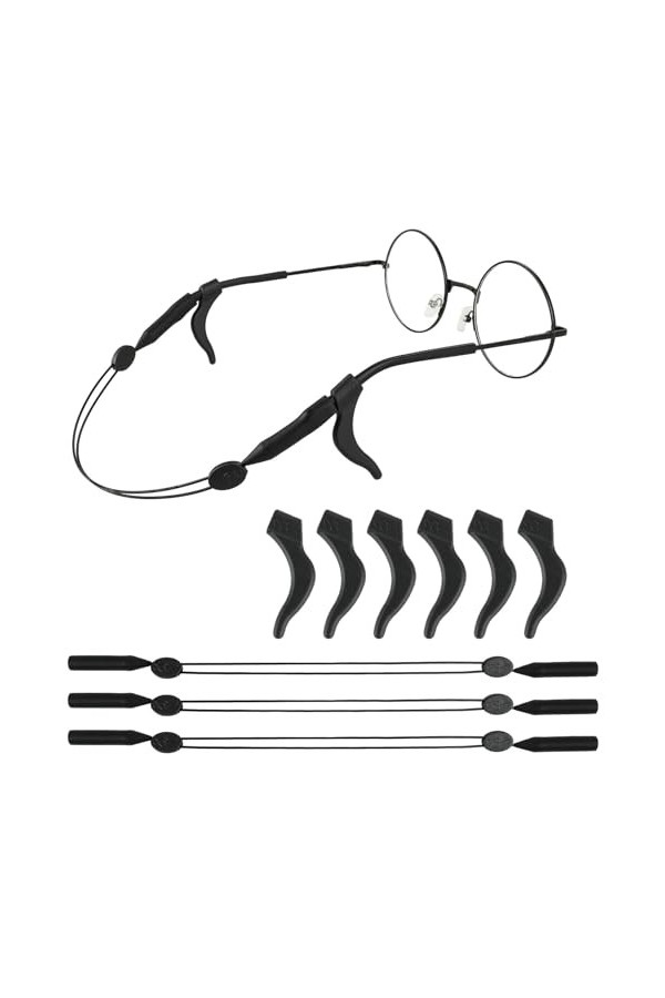 Amabro Lot de 3 sangles de lunettes réglables, 6 paires de crochets pour lunettes de soleil, sangles de lunettes de sport, un
