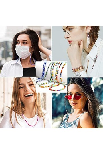 Duories Lot de 2 colliers de lunettes de soleil pour femme - Anti-perte - Perles de riz en verre - Pour masque