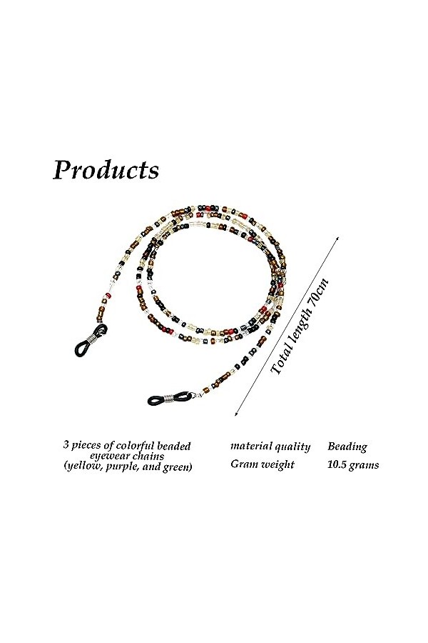 Chaîne De Lunettes 3PCS, Chaîne De Lunettes Colorées, Chaîne De Lunettes Avec Boucle Anneau, Chaîne De Lunettes Perlées, Conv