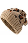 KharmLaddy Bonnet tricoté avec trou pour queue de cheval, casquette chaude léopard à revers pour lhiver et le ski pour femme