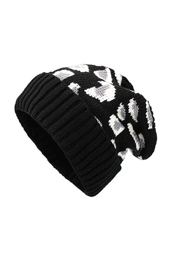 KharmLaddy Bonnet tricoté avec trou pour queue de cheval, casquette chaude léopard à revers pour lhiver et le ski pour femme