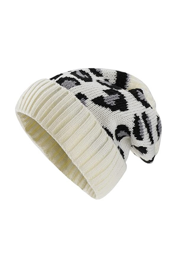 KharmLaddy Bonnet tricoté avec trou pour queue de cheval, casquette chaude léopard à revers pour lhiver et le ski pour femme