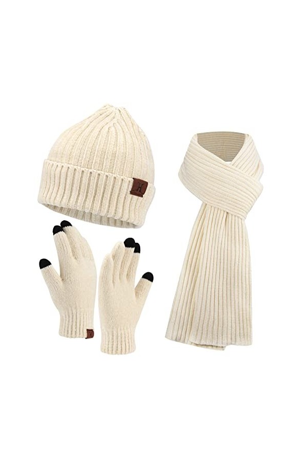 Femme Hiver Chaud Bonnet Chapeau Longue Echarpe et Gants Tactiles Tricot Ensemble avec Casquette Crâne, Blanc