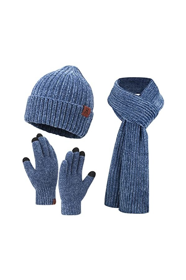 Femme Hiver Chaud Bonnet Chapeau Longue Echarpe et Gants Tactiles Tricot Ensemble avec Casquette Crâne, Blanc