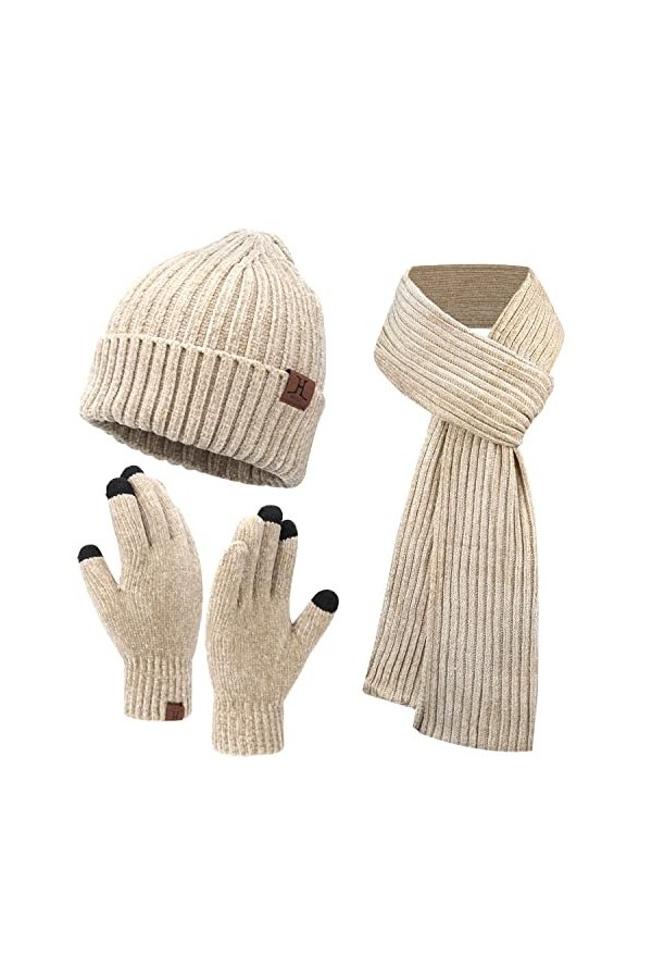 Femme Hiver Chaud Bonnet Chapeau Longue Echarpe et Gants Tactiles Tricot Ensemble avec Casquette Crâne, Blanc