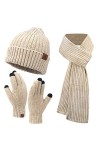 Femme Hiver Chaud Bonnet Chapeau Longue Echarpe et Gants Tactiles Tricot Ensemble avec Casquette Crâne, Blanc