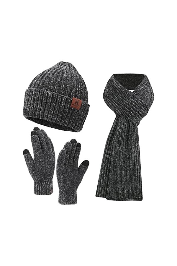 Femme Hiver Chaud Bonnet Chapeau Longue Echarpe et Gants Tactiles Tricot Ensemble avec Casquette Crâne, Blanc