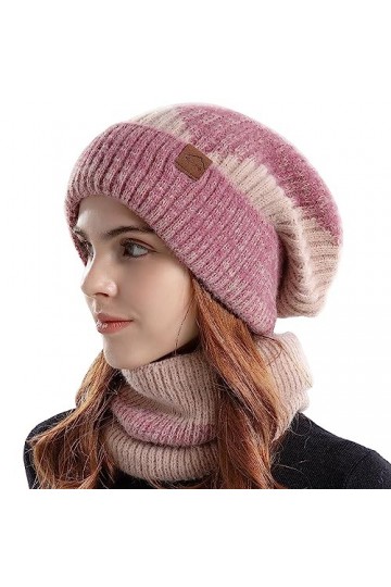 WANYIG Femme Bonnet et Écharpe Hiver Chaud Épais Doublure 2 en 1 Ensemble Bonnet Echarpe Bonnet Tricoté Chapeau Cache-Cou éla