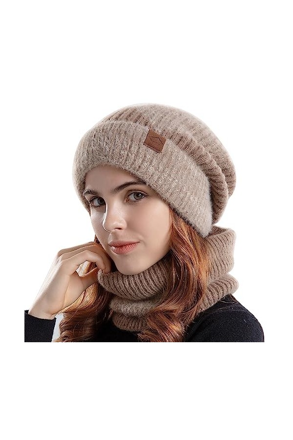 WANYIG Femme Bonnet et Écharpe Hiver Chaud Épais Doublure 2 en 1 Ensemble Bonnet Echarpe Bonnet Tricoté Chapeau Cache-Cou éla