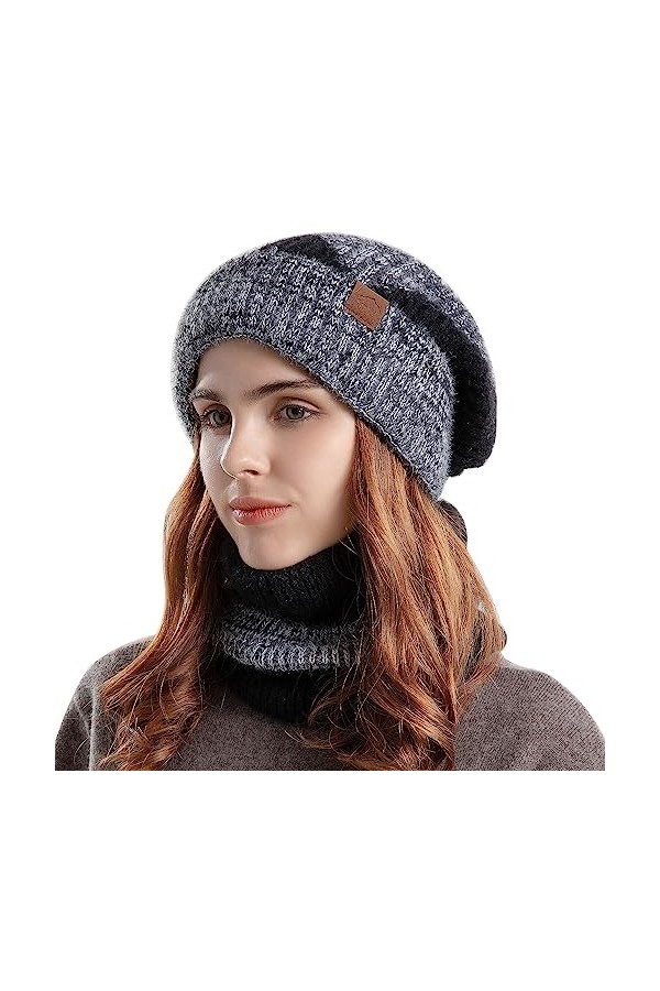 WANYIG Femme Bonnet et Écharpe Hiver Chaud Épais Doublure 2 en 1 Ensemble Bonnet Echarpe Bonnet Tricoté Chapeau Cache-Cou éla