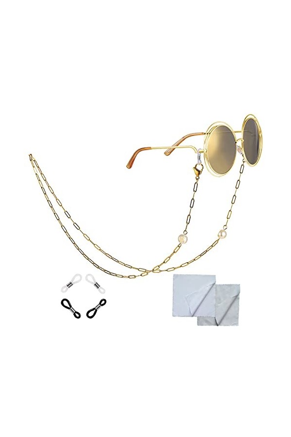 Bigood Cordon à Lunette Porte Lunettes Chaîne avec 4pcs Anneaux en Silicone 2pcs Chiffons Or Acier inoxydable
