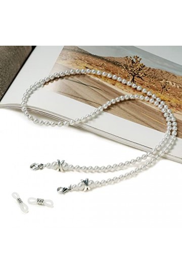 SOONHUA Lot de 2 chaînes de lunettes en perles synthétiques antidérapantes pour femmes et filles, Rose + blanc., 75 cm